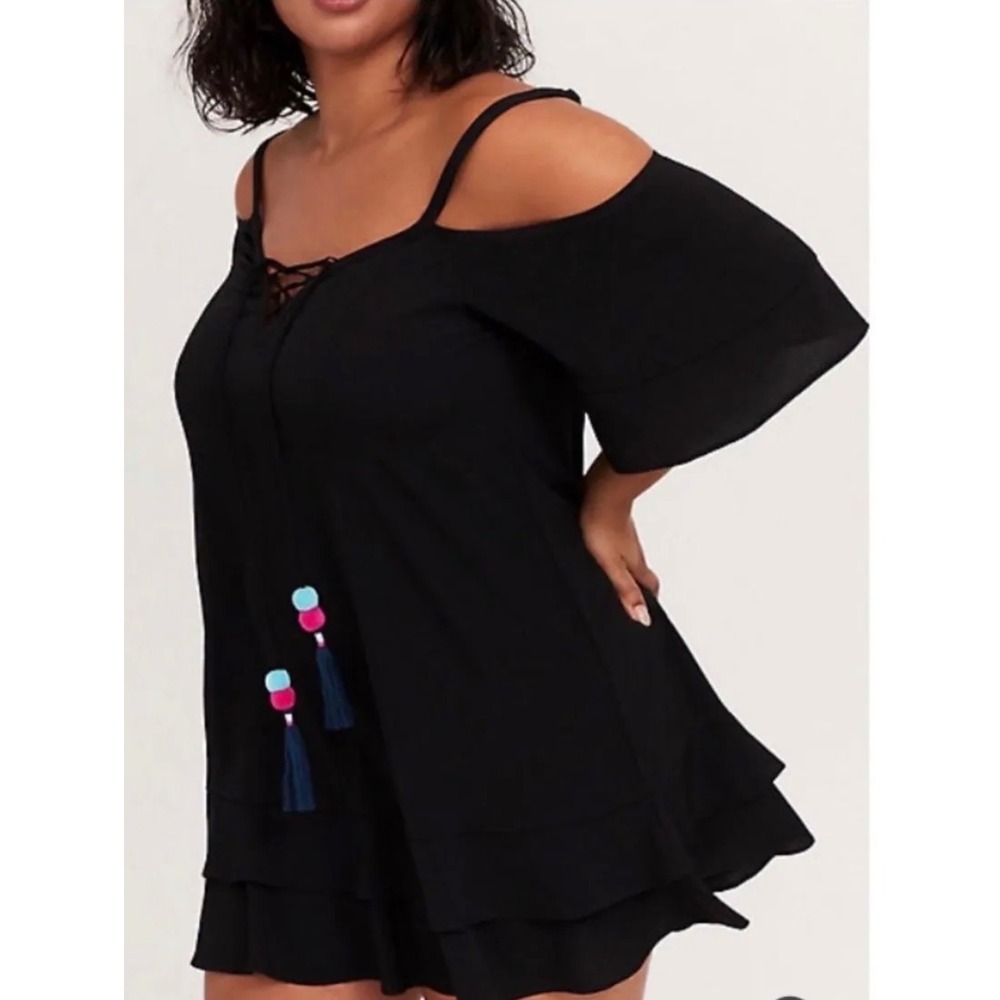 Torrid Black Cold Shoulder Lace Up Tassel Ruffle Mini Dress Plus Size 4 4X